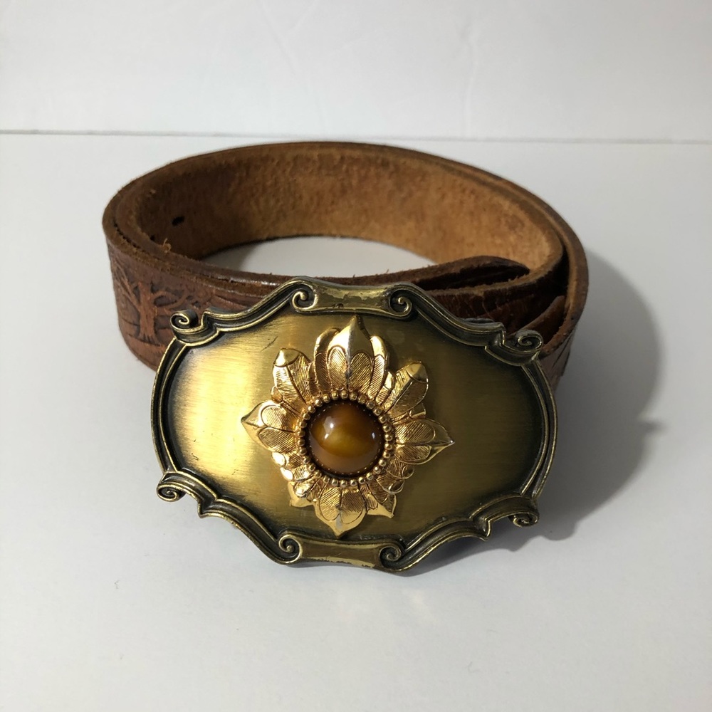 1980 Raintree Brown Leather Belt with Gold Floral Buckle